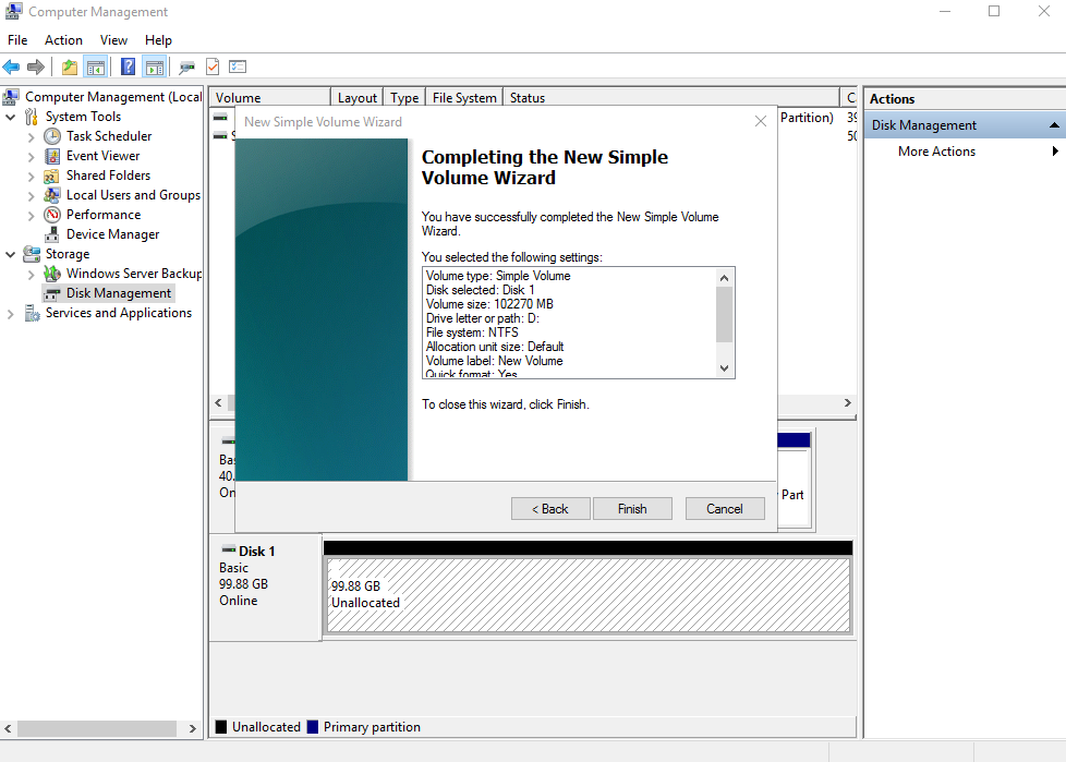 **Figure 9** Completing the New Simple Volume Wizard