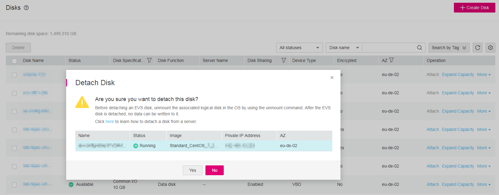 **Figure 3** Detach Disk dialog box