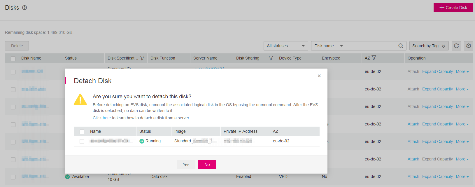 **Figure 5** Detaching a shared disk dialog box