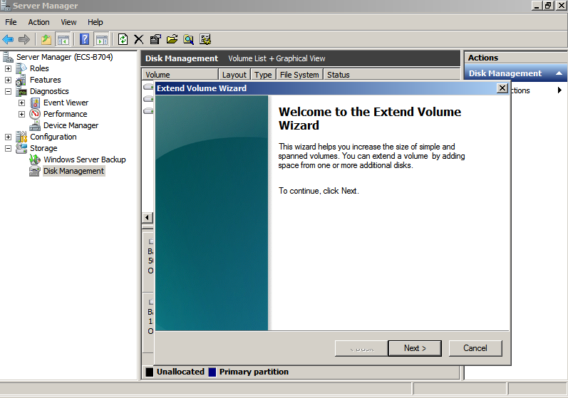 **Figure 17** Extend Volume Wizard (Windows Server 2008)