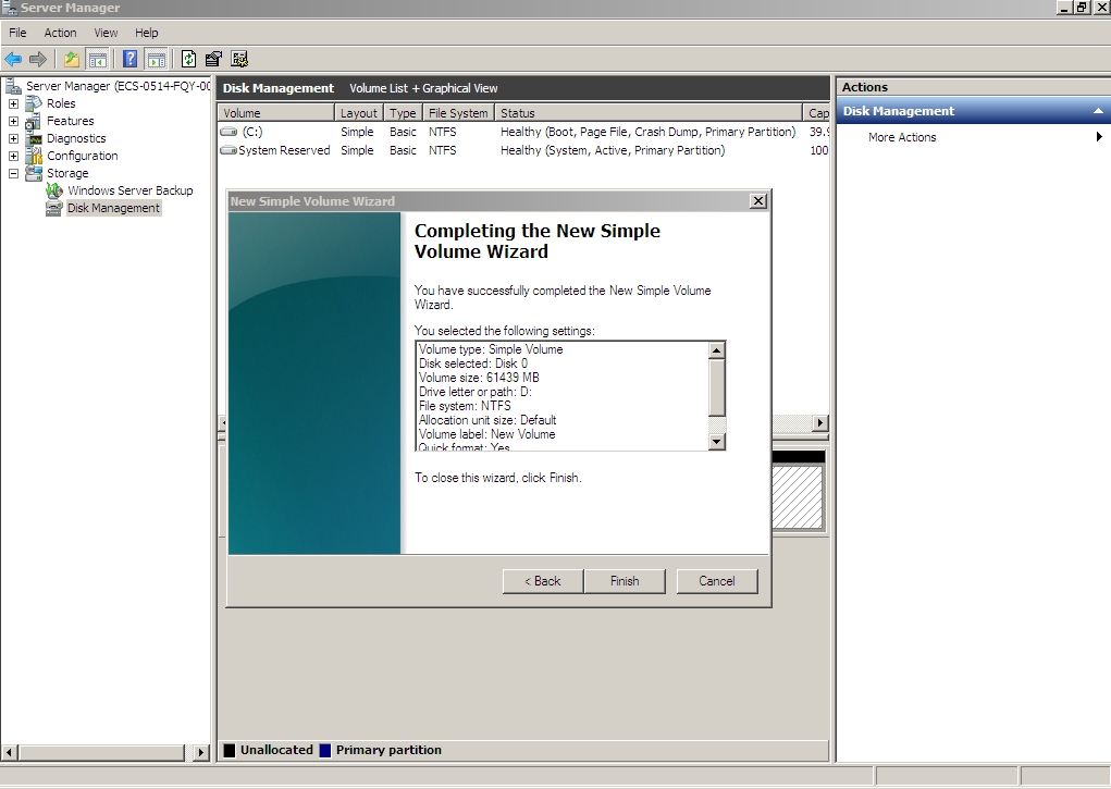 **Figure 24** Completing the New Simple Volume Wizard (new volume D:)