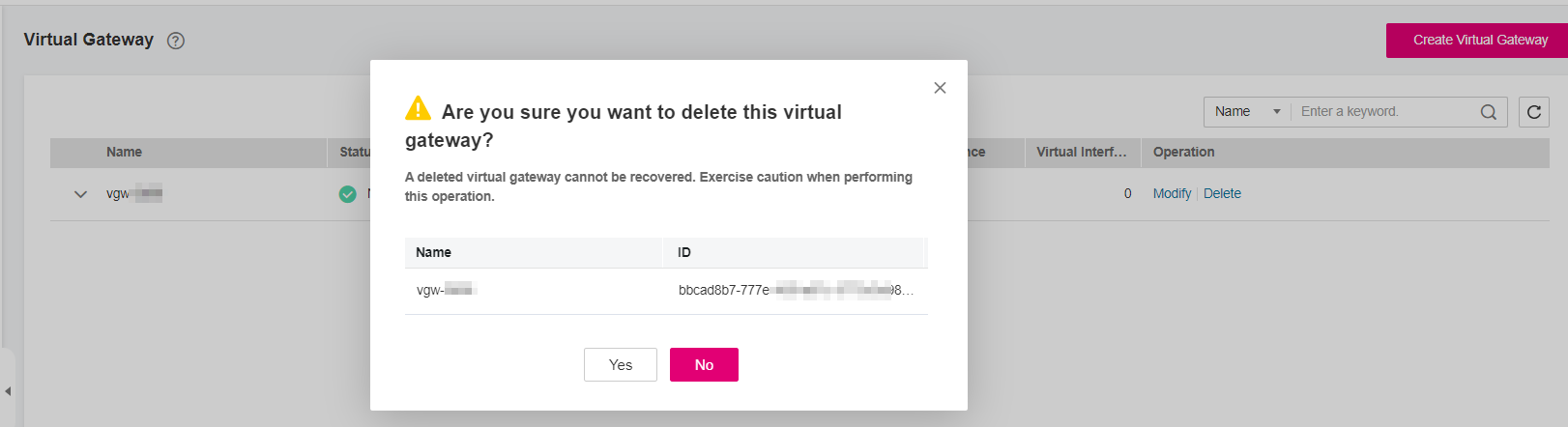 **Figure 2** Deleting a virtual gateway