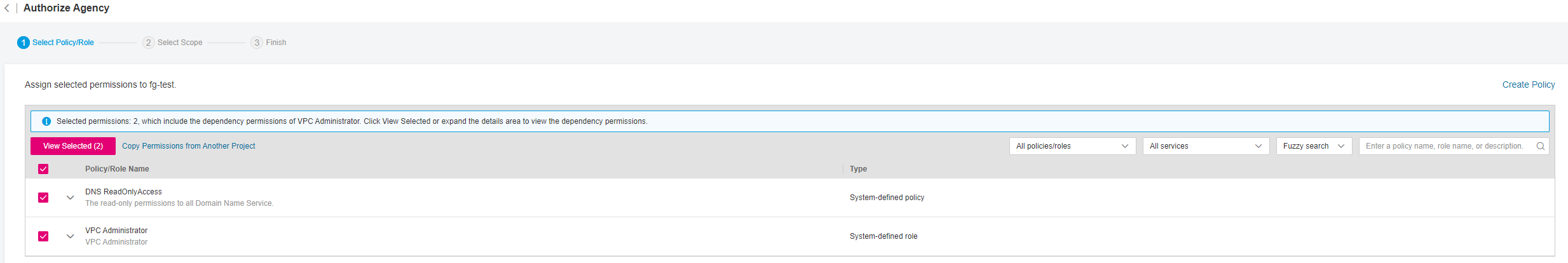 **Figure 3** Creating an agency with DNS and VPC permissions