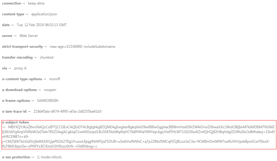 **Figure 1** Response header for the API used to obtain a user token