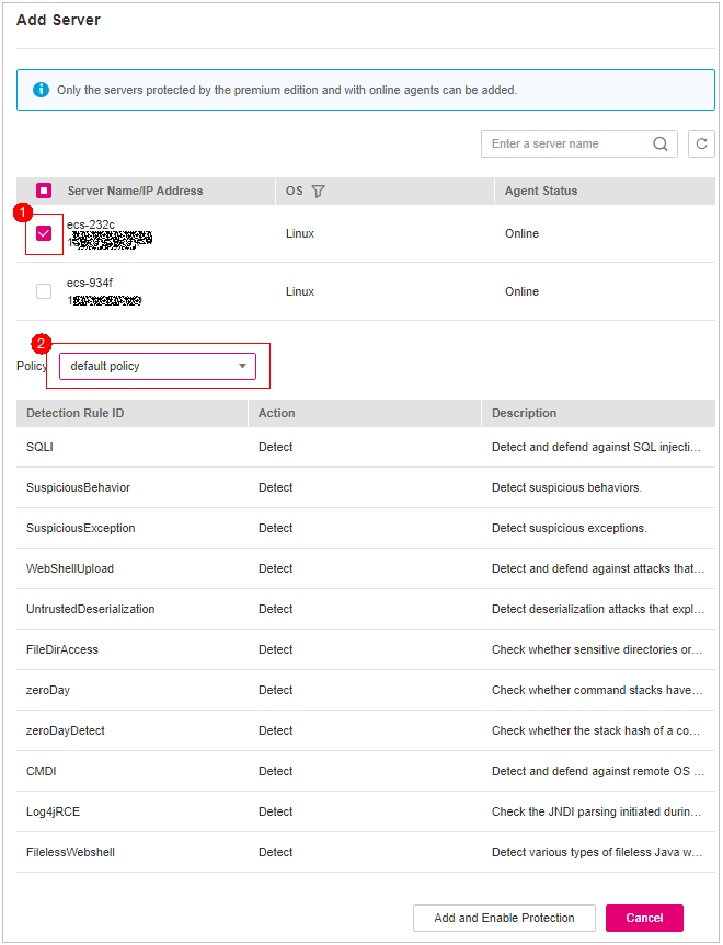 **Figure 2** Selecting the target server and policy