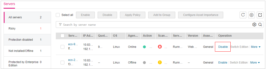 **Figure 1** Disabling protection for a server