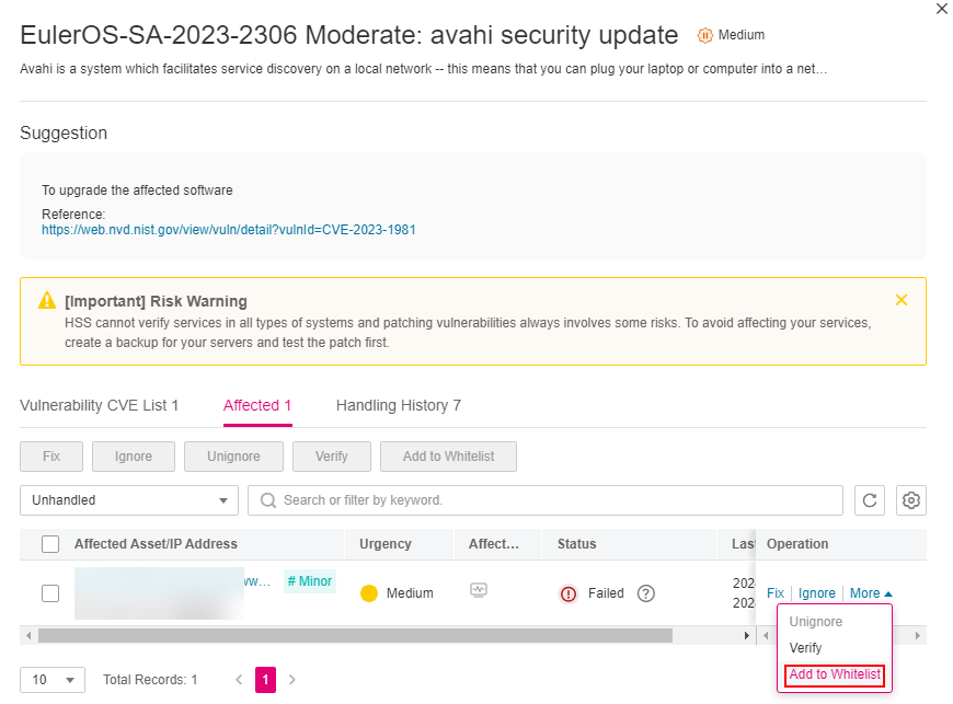 **Figure 2** Whitelisting a single server that is affected by a vulnerability