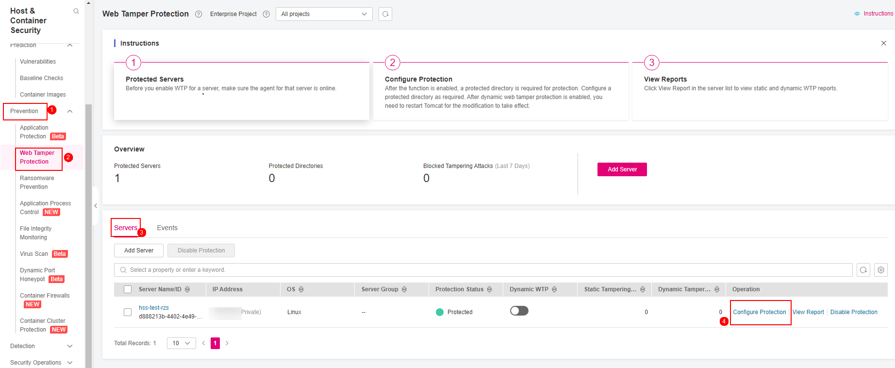 **Figure 1** Entering the page of protection settings