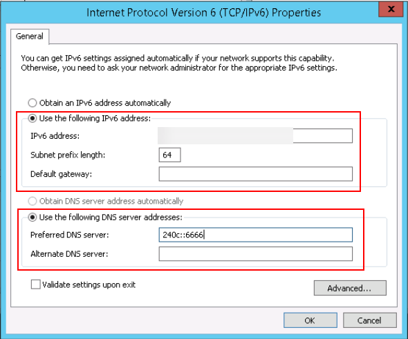 **Figure 6** Configuring an IPv6 address and a DNS server address