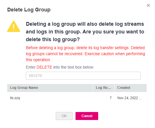 **Figure 3** Deleting a log group