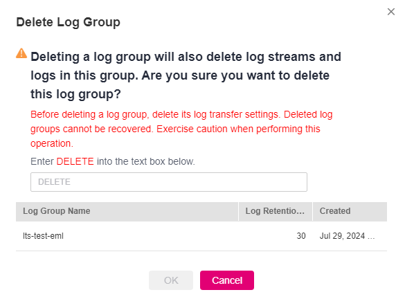 **Figure 2** Deleting a log group