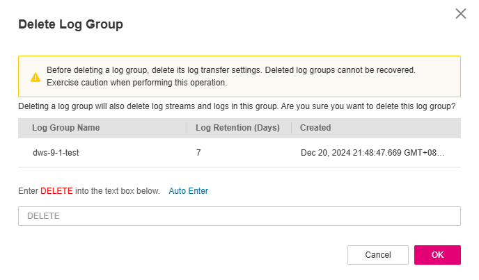 **Figure 2** Deleting a log group