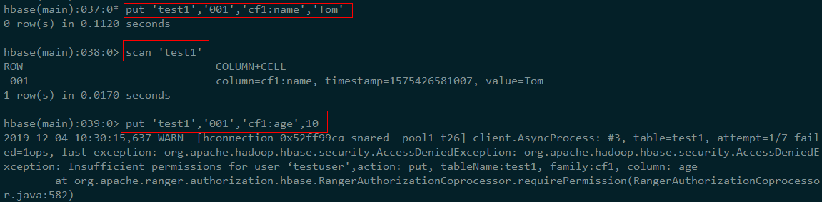 **Figure 5** Verifying the integration of Ranger with HBase