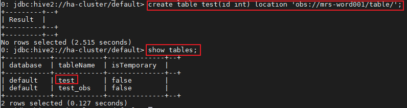 **Figure 1** Verifying the created table name returned using Spark2x