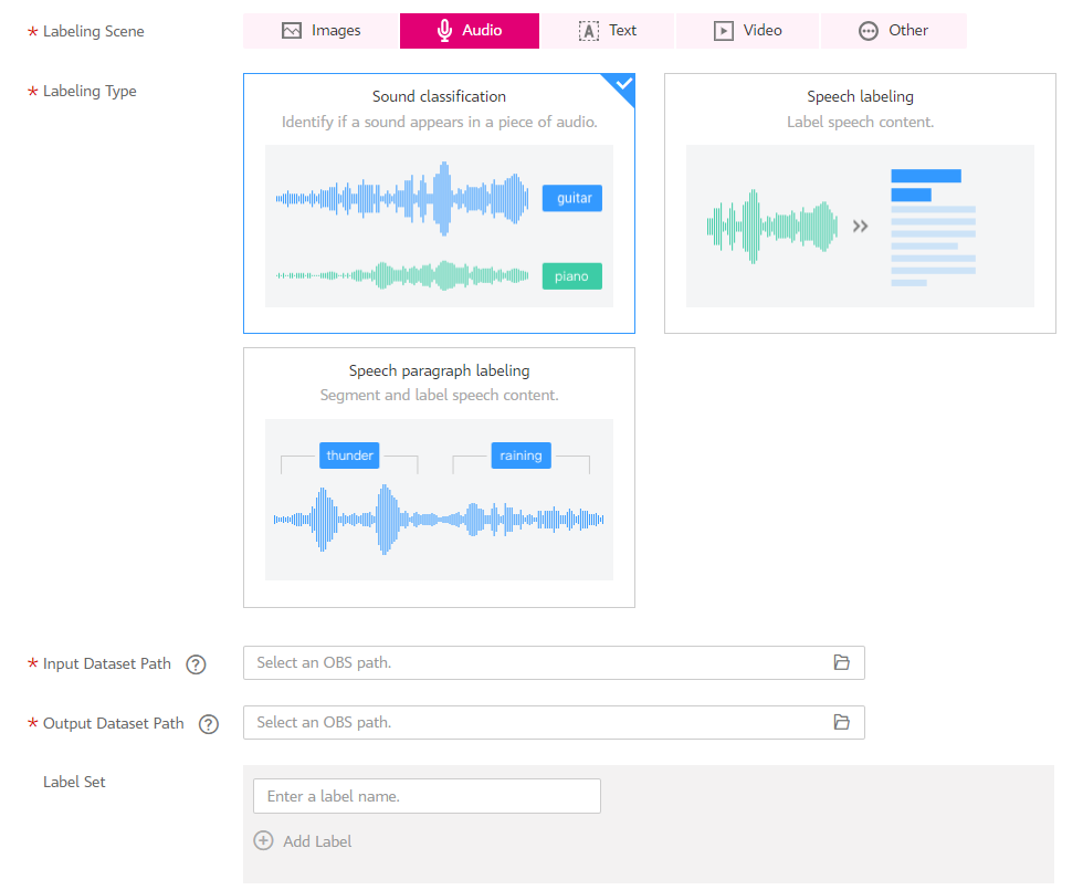 **Figure 4** Parameters of datasets for sound classification, speech labeling, and speech paragraph labeling