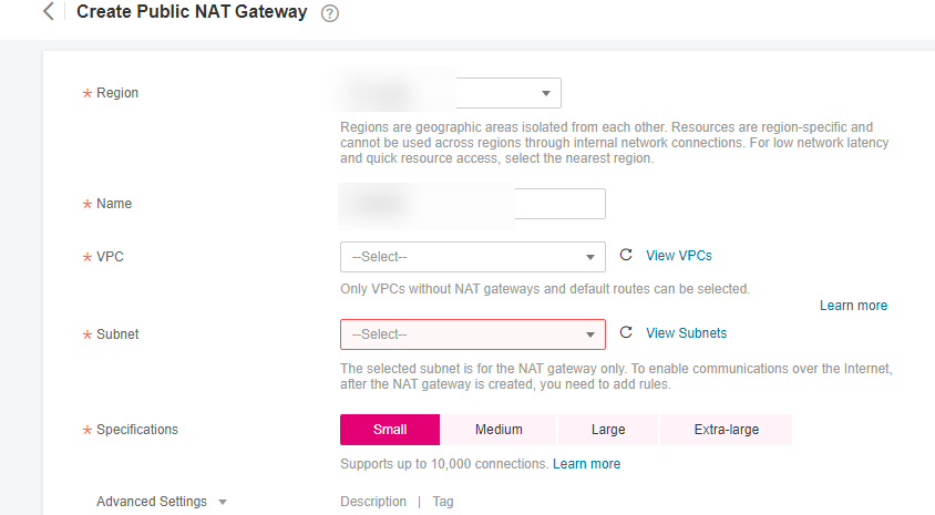 **Figure 1** Create Public NAT Gateway