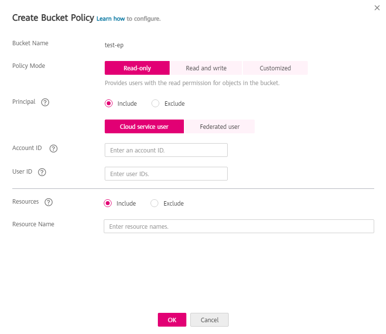 **Figure 1** Configuring parameters for a bucket policy