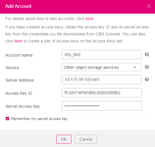 **Figure 2** Adding a new account - Other object storage services