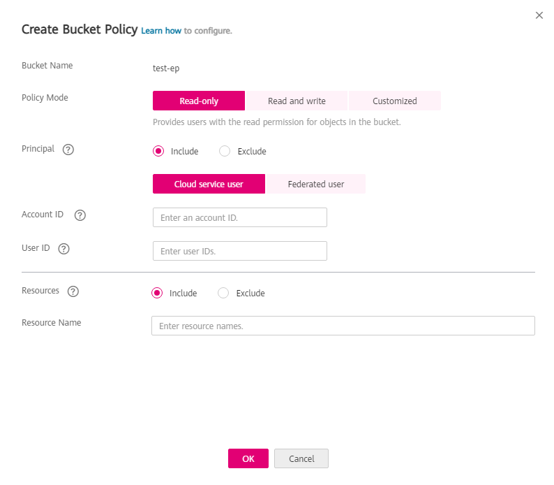 **Figure 2** Parameter settings of a custom bucket policy in the customized mode