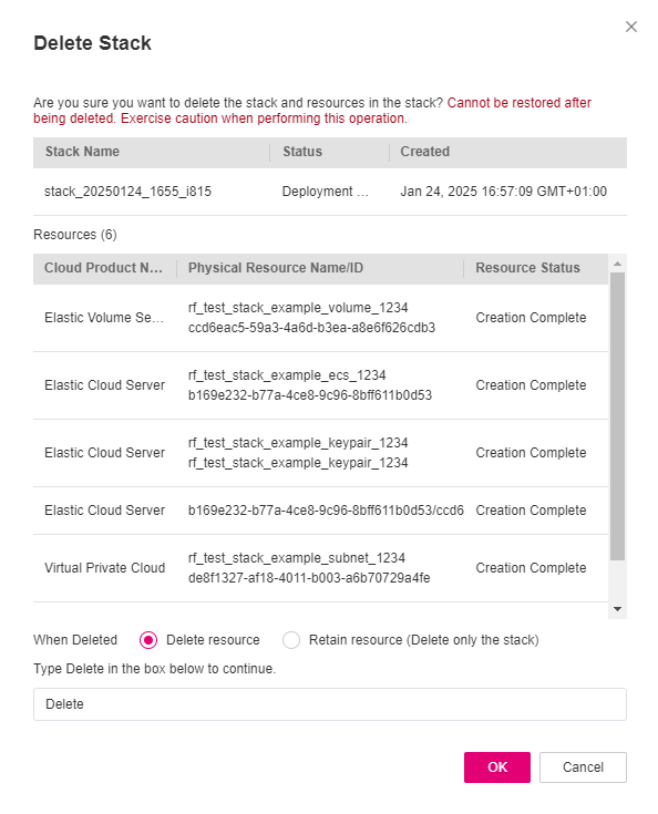 **Figure 6** Dialog box for deleting a stack