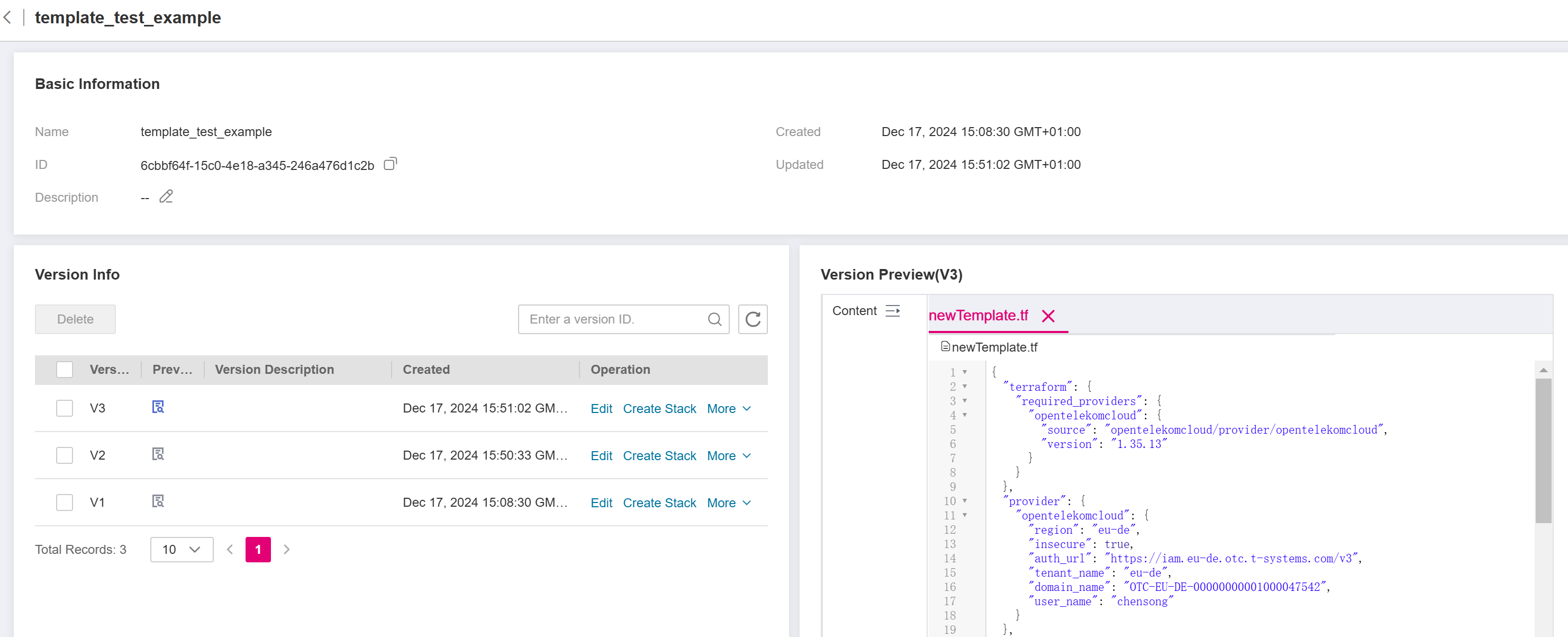 **Figure 4** Creating a stack on Template Details page