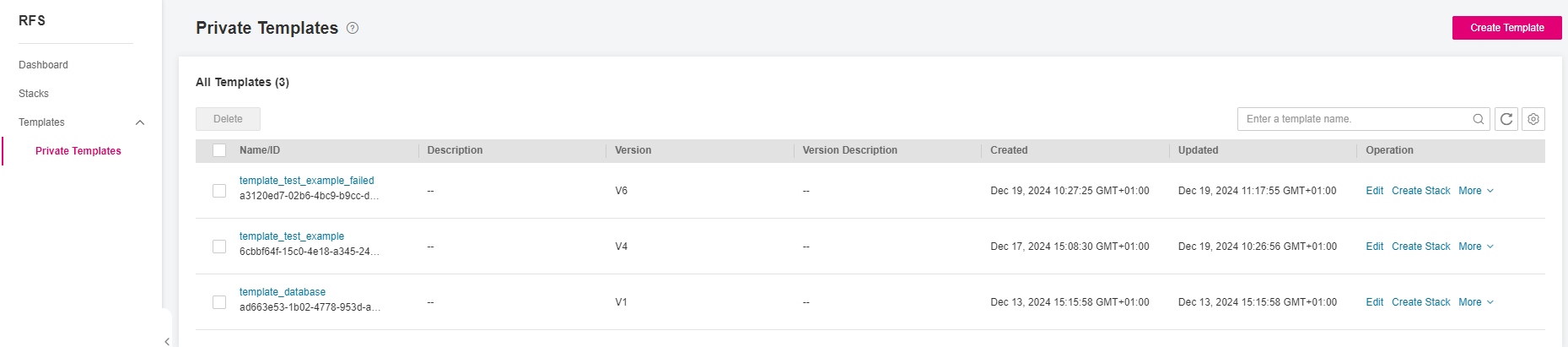 **Figure 3** Creating a stack on Private Templates page