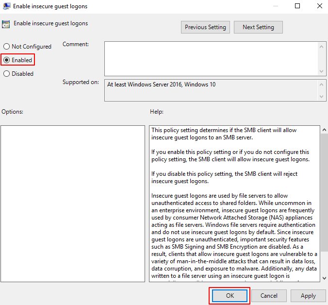 **Figure 4** Enabling insecure guest logons