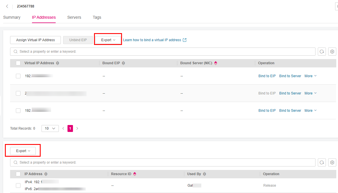 **Figure 1** Exporting virtual and private IP addresses