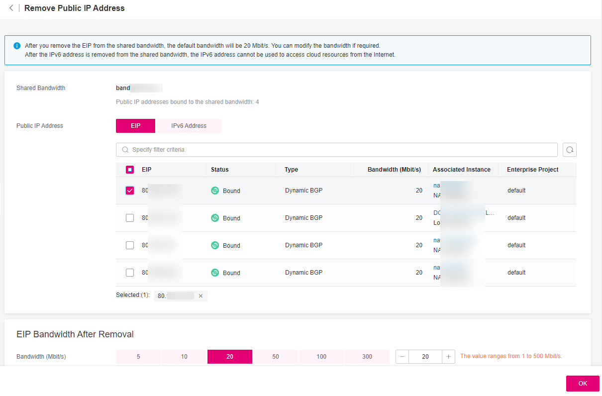 **Figure 1** Removing EIPs or IPv6 addresses