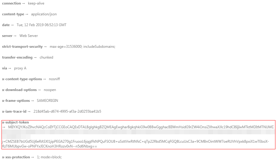 **Figure 1** Response header for the API used to obtain a user token