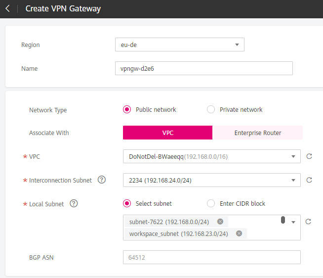 **Figure 2** VPC parameter configuration when **Network Type** is set to **Public network**