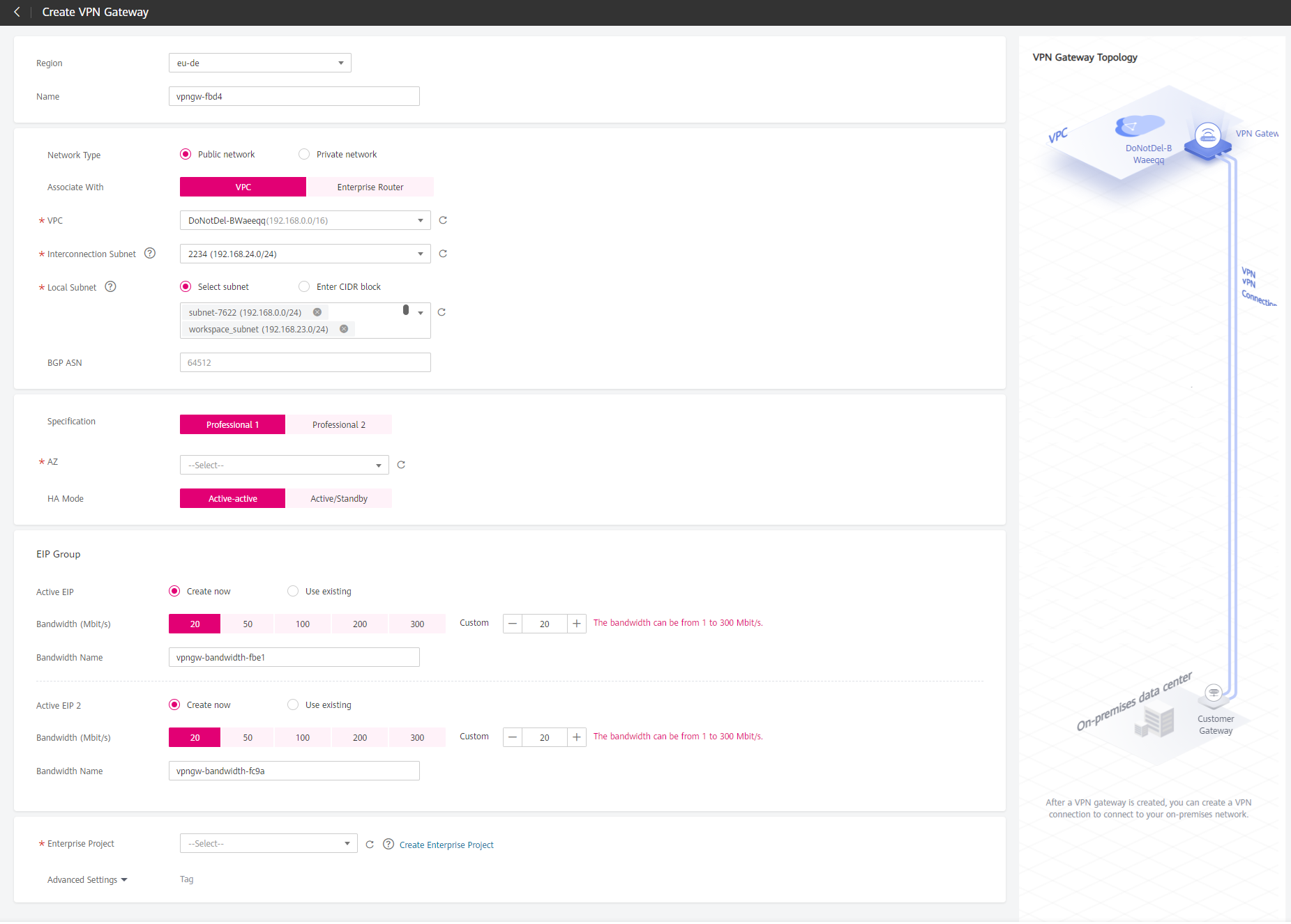 **Figure 1** Creating a VPN gateway