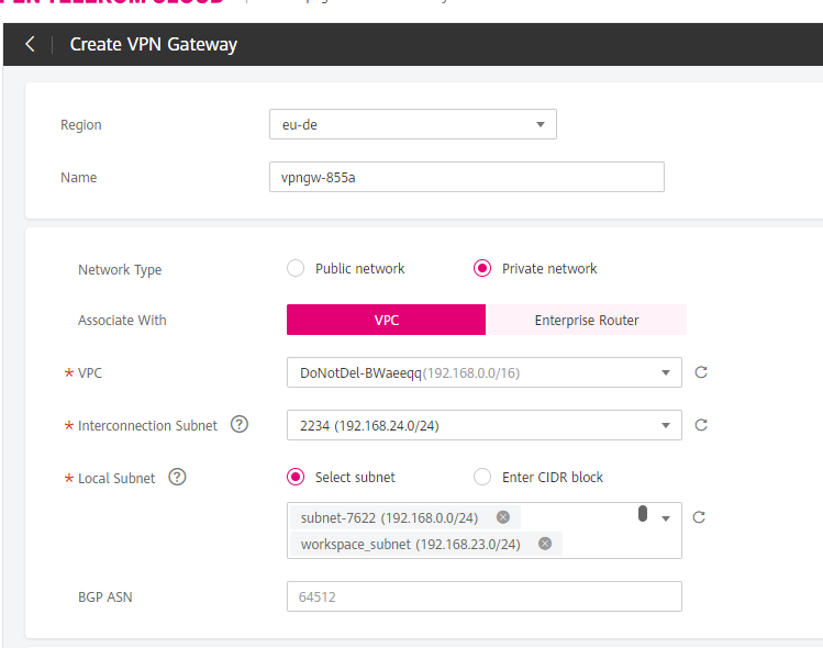 **Figure 3** VPC parameter configuration when **Network Type** is set to **Private network**