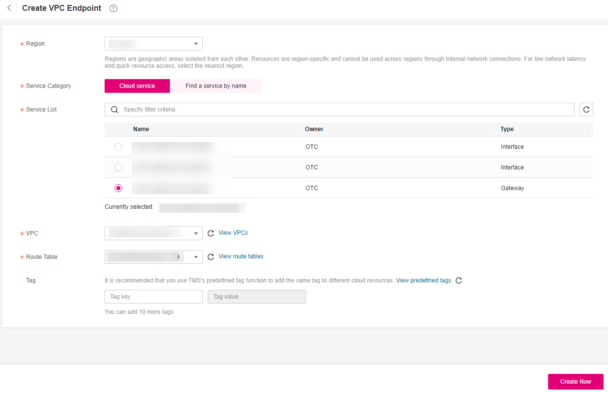 **Figure 3** Create VPC Endpoint (**Service Category** set to **Cloud service**)