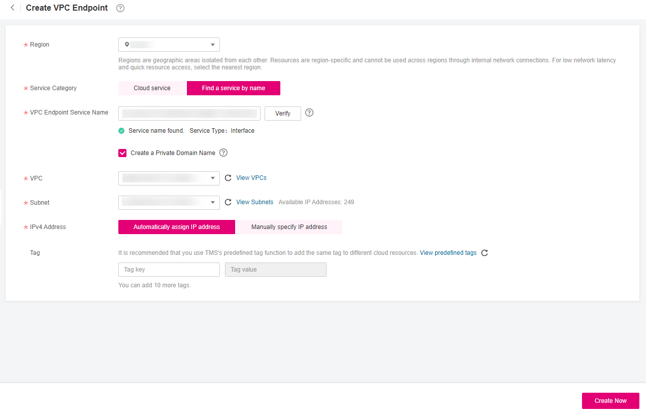 **Figure 1** Create VPC Endpoint (**Service Category** set to **Find a service by name**)