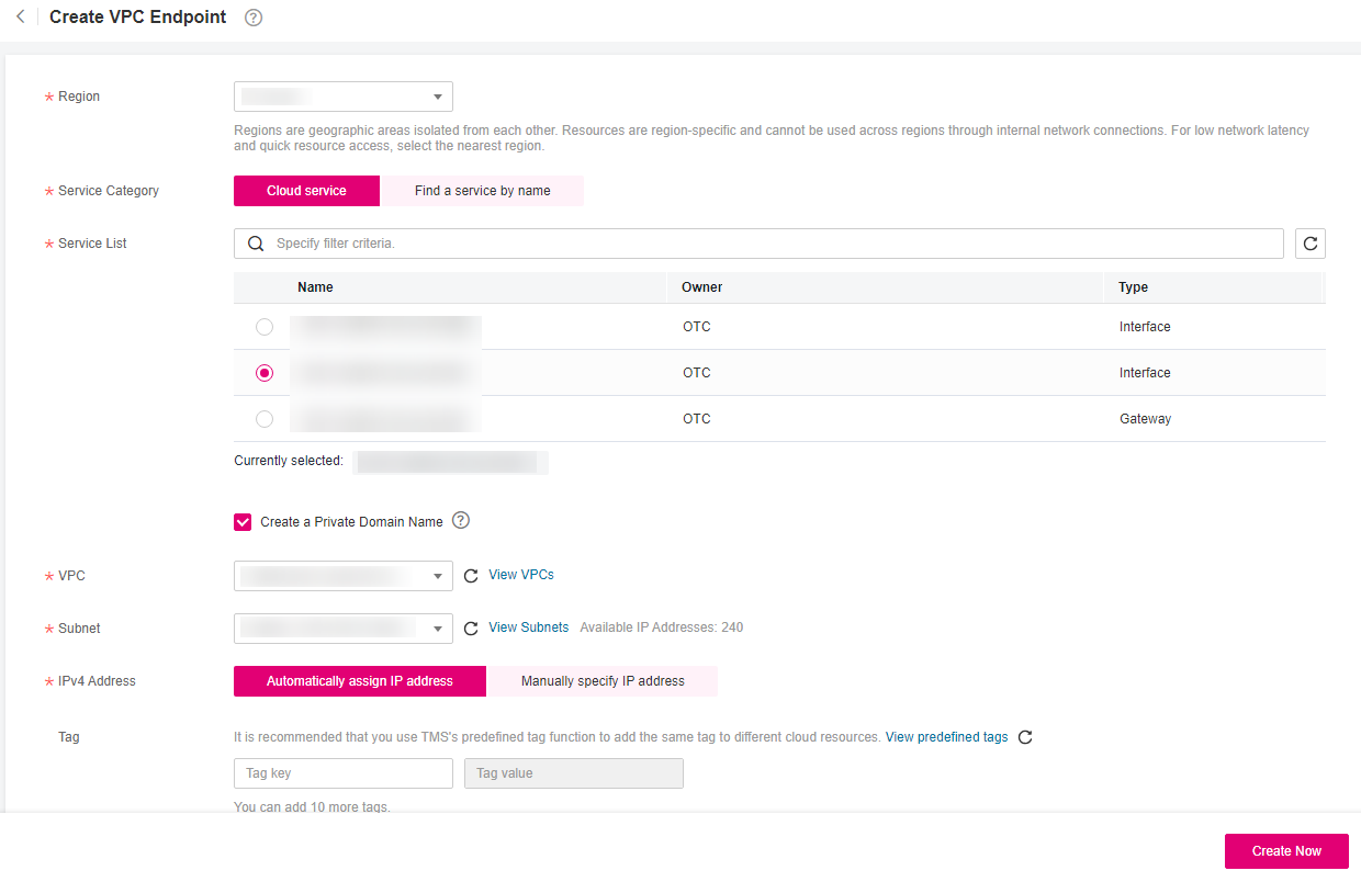 **Figure 1** Create VPC Endpoint (**Service Category** set to **Cloud service**)