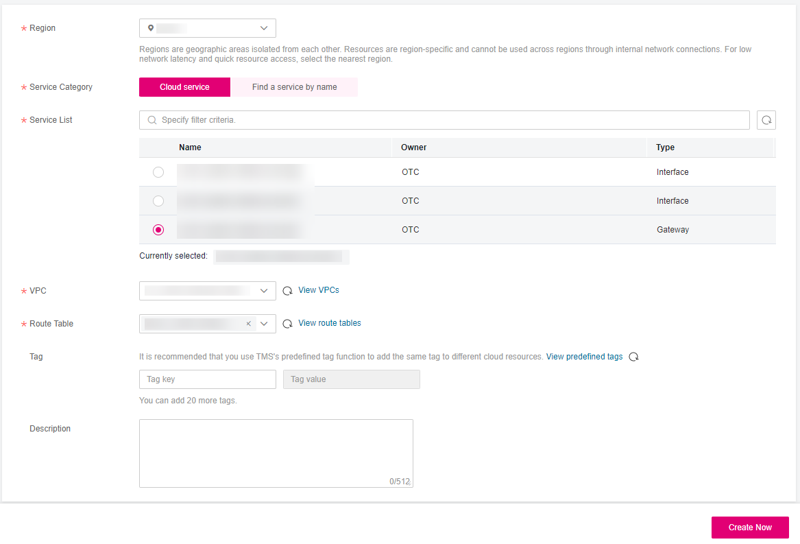 **Figure 3** Create VPC Endpoint (**Service Category** set to **Cloud service**)