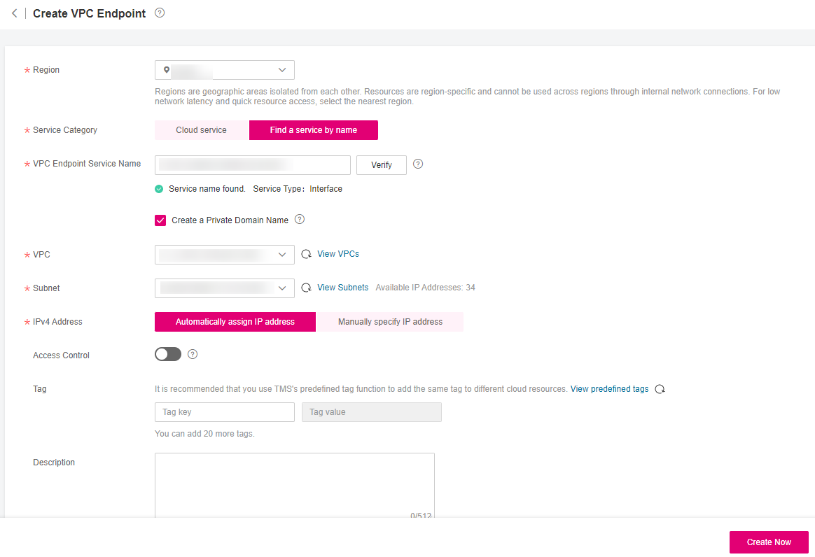**Figure 2** Create VPC Endpoint (**Service Category** set to **Find a service by name**)