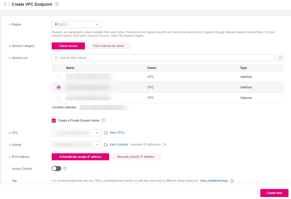 **Figure 1** Create VPC Endpoint (**Service Category** set to **Cloud service**)