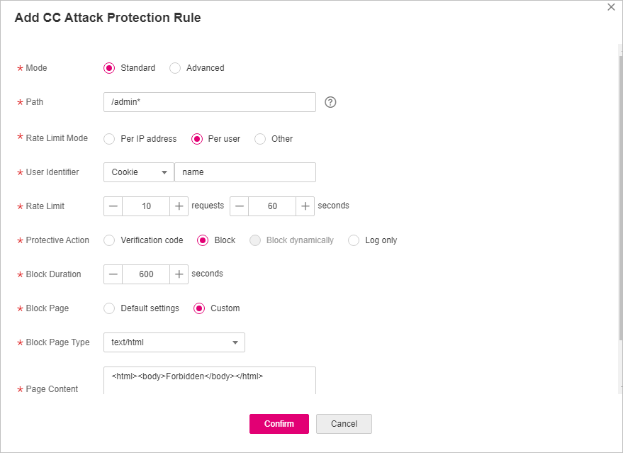 **Figure 2** Adding a CC attack protection rule