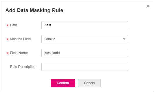 **Figure 3** Select **Cookie** for **Masked Field** and enter **jsessionid** in **Field Name**.