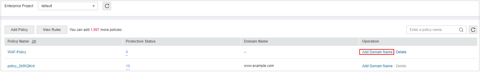 **Figure 1** Adding a domain name to a policy