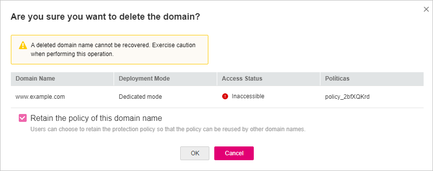 **Figure 1** Deleting a protected domain name from WAF