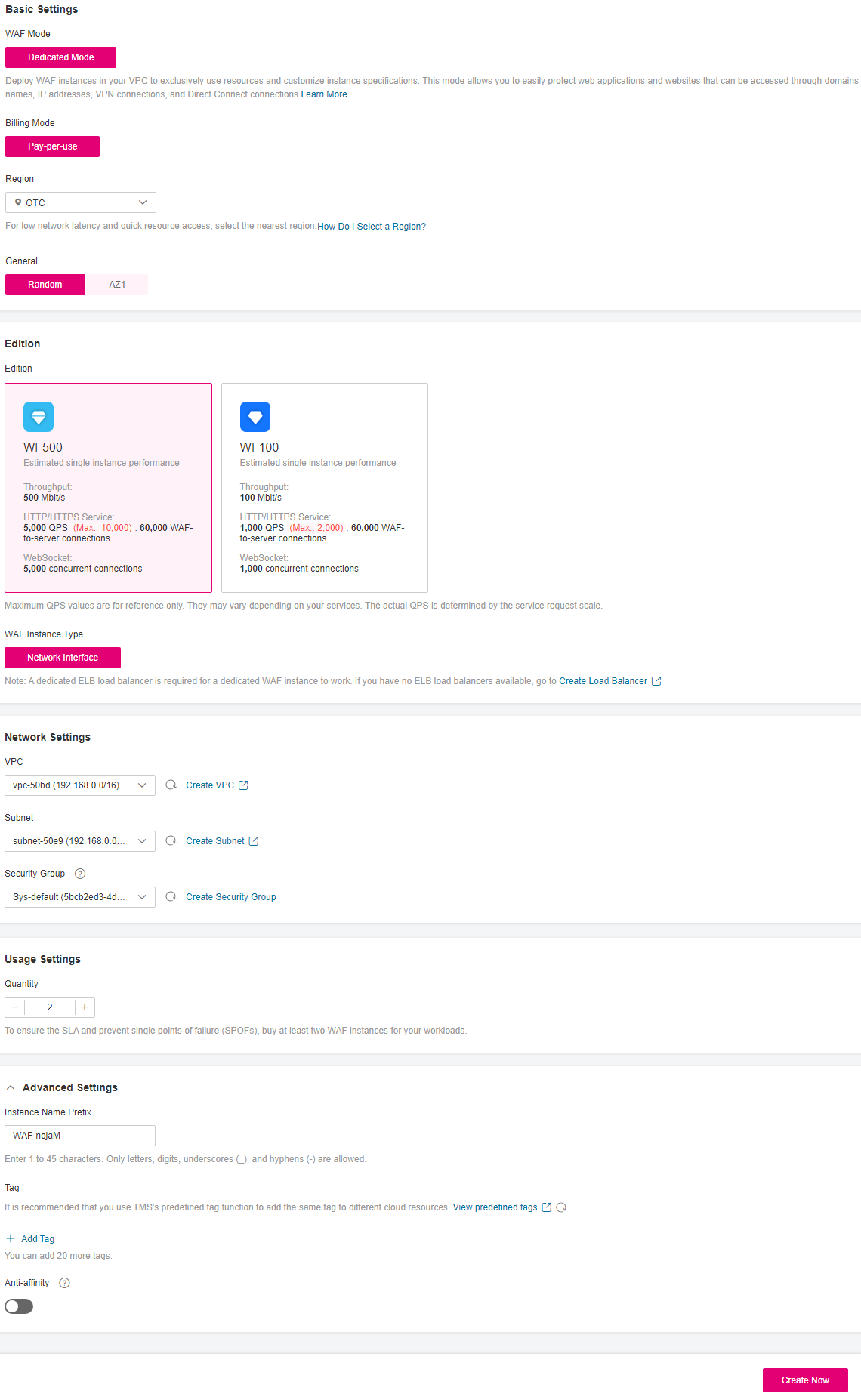 **Figure 1** Configuring a dedicated WAF instance
