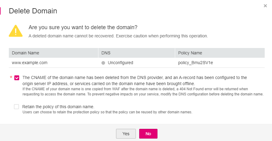 **Figure 2** Deleting a domain name (without a proxy)