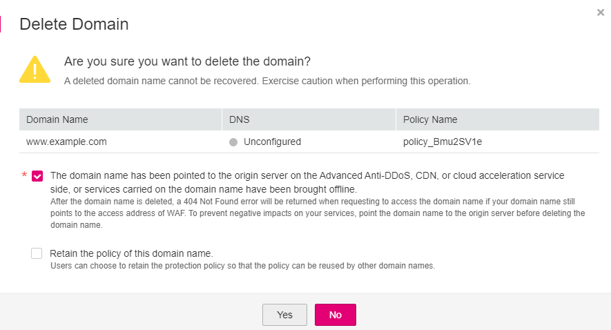 **Figure 3** Deleting a domain name (with a proxy)
